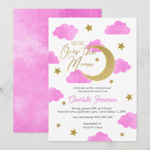 Pink & Gold Watercolor Celestial Over The Moon Invitation