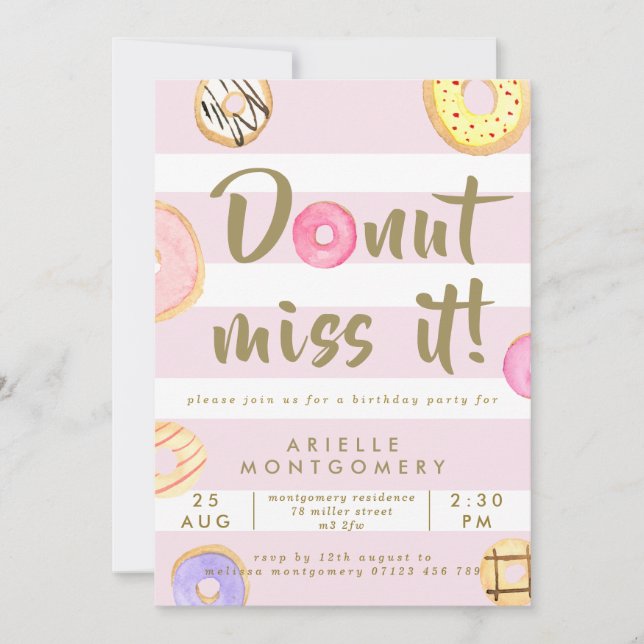 Pink & Gold Watercolor Doughnuts Birthday Party Invitation (Front)