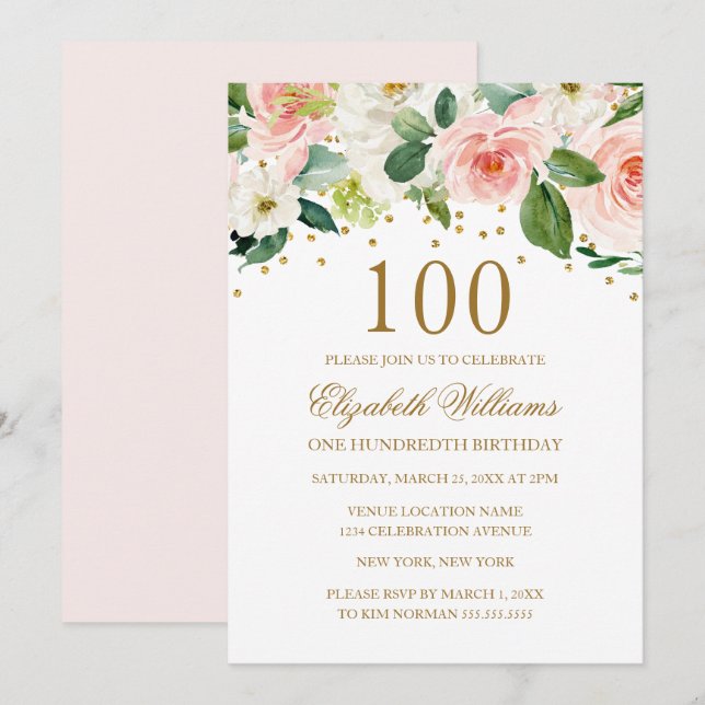 Pink Gold Watercolor Floral 100th Birthday Invitation (Front/Back)