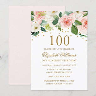 Pink Gold Watercolor Floral 100th Birthday Invitation