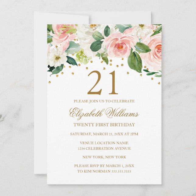 Pink Gold Watercolor Floral 21st Birthday Invitation (Front)