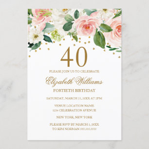 Pink Gold Watercolor Floral 40th Birthday Invitation