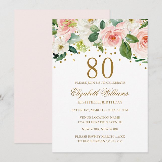 Pink Gold Watercolor Floral 80th Birthday Invitation (Front/Back)