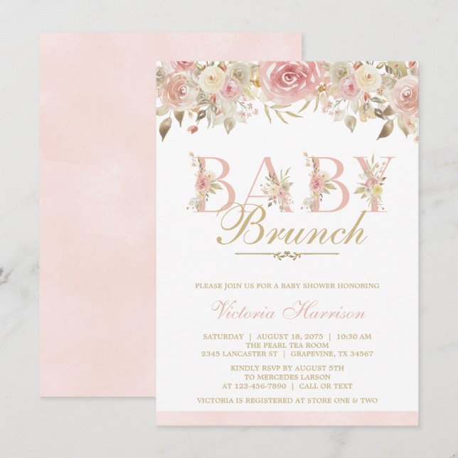 Pink Gold Watercolor Floral Baby Shower Brunch Invitation (Front/Back)