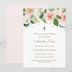 Pink Gold Watercolor Floral Baptism Invitation