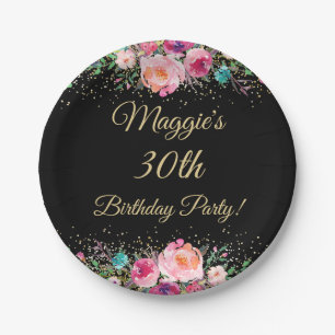 Pink Gold Watercolor Floral Black Birthday Party Paper Plate