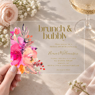 Pink Gold Watercolor Floral Bridal Shower Brunch Acrylic Invitations