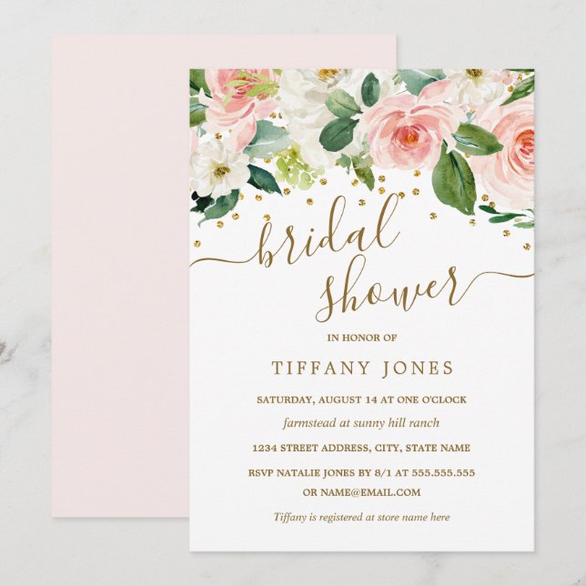 Pink Gold Watercolor Floral Bridal Shower Invitation (Front/Back)