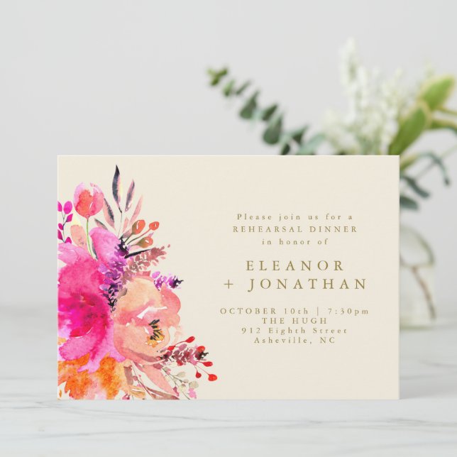 Pink Gold Watercolor Floral Chic Rehearsal Dinner Invitation (Standing Front)