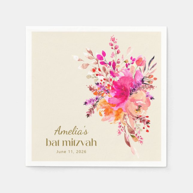 Pink Gold Watercolor Floral Elegant Bat Mitzvah Napkin (Front)