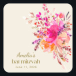 Pink Gold Watercolor Floral Elegant Bat Mitzvah Square Sticker<br><div class="desc">Pink Gold Watercolor Floral Elegant Bat Mitzvah Square Sticker</div>