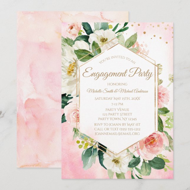 Pink Gold Watercolor Floral Engagement Party Invitation (Front/Back)