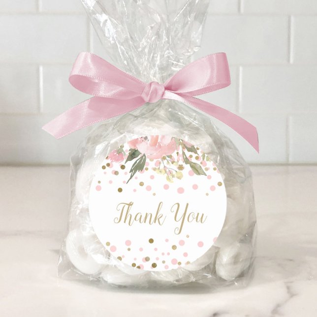 Pink Gold Watercolor Floral Favour Classic Round Sticker (Pink gold baby shower favor stickers. Add your own text.)