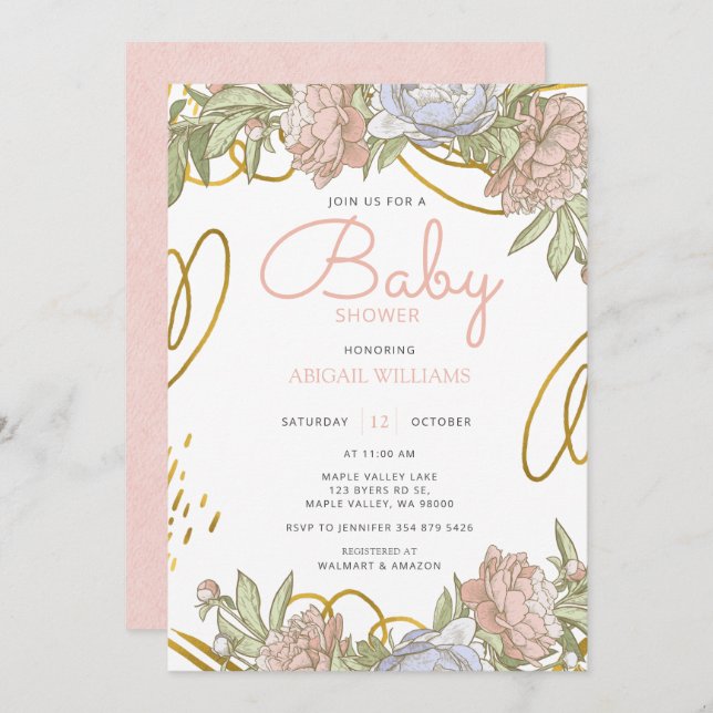 Pink Gold Watercolor Floral & Greenery Baby Shower Invitation (Front/Back)