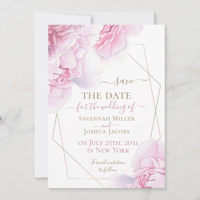 Pink gold watercolor floral peony save the date (Front)