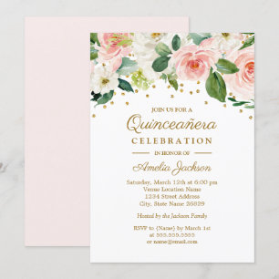 Pink Gold Watercolor Floral Quinceanera 15th Invitation