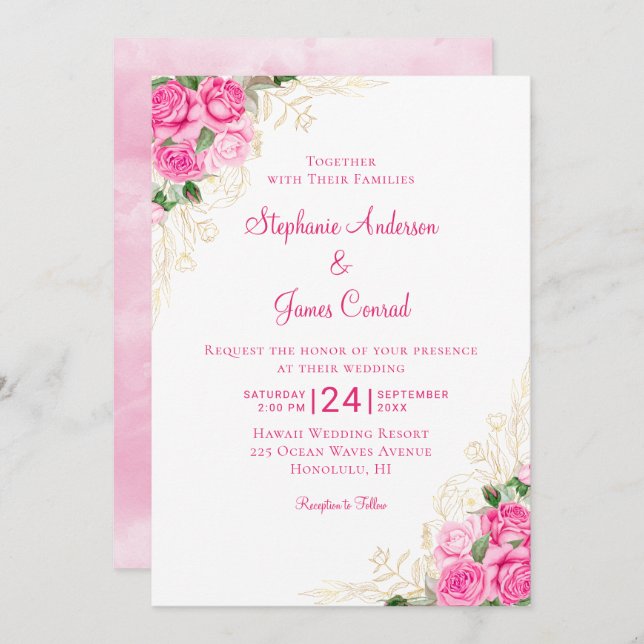 Pink Gold Watercolor Floral Wedding Invitation (Front/Back)