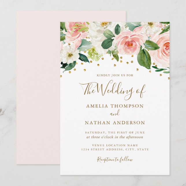Pink Gold Watercolor Floral Wedding Invitation (Front/Back)