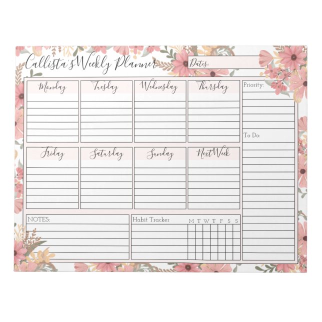 Pink Gold Watercolor Floral Weekly Custom Planner Notepad (Front)