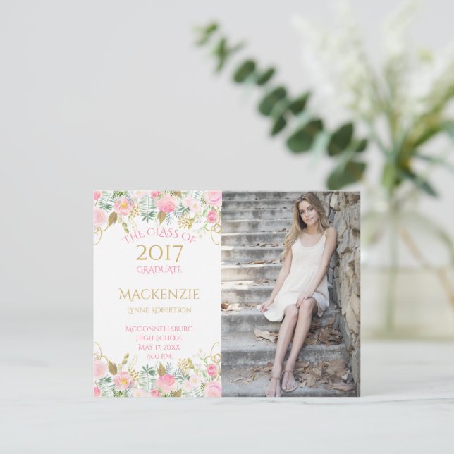 Pink Gold Watercolor Flowers Photo Graduation Announcement (Standing Front)