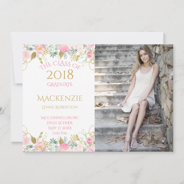 Pink Gold Watercolor Flowers Photo Graduation Announcement (Front)