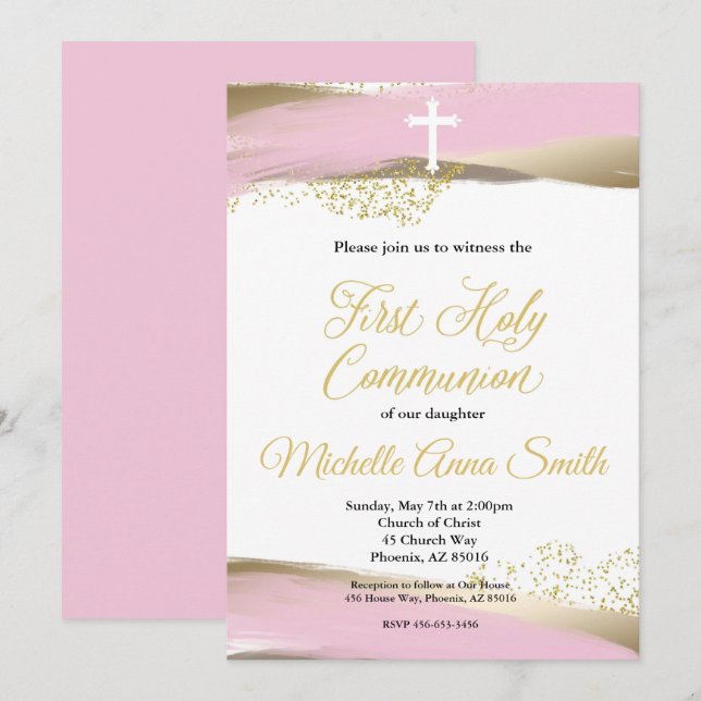 Pink Gold Watercolor Girl 1st First Holy Communion Invitation (Front/Back)