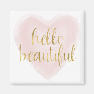 Pink Gold Watercolor Heart Hello Beautiful Magnet