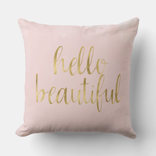 Pink Gold Watercolor Hello Beautiful Cushion (Front)