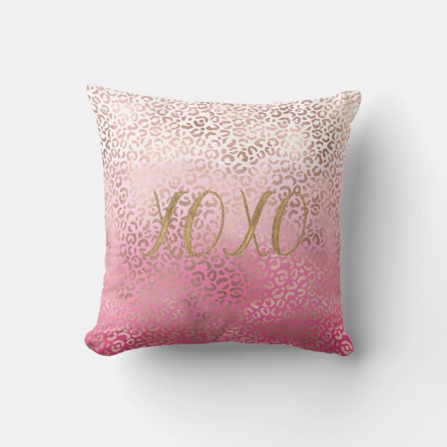 Pink Gold Watercolor Ombre Leopard Print XOXO Cushion (Front)