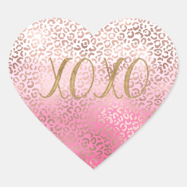Pink Gold Watercolor Ombre Leopard Print XOXO Heart Sticker (Front)