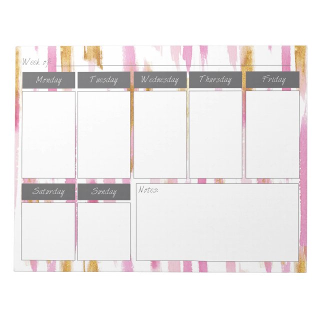 Pink & Gold Watercolor Paint Stripe Weekly Pattern Notepad (Front)