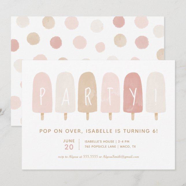 Pink Gold Watercolor Popsicle Girl Birthday Party Invitation (Front/Back)
