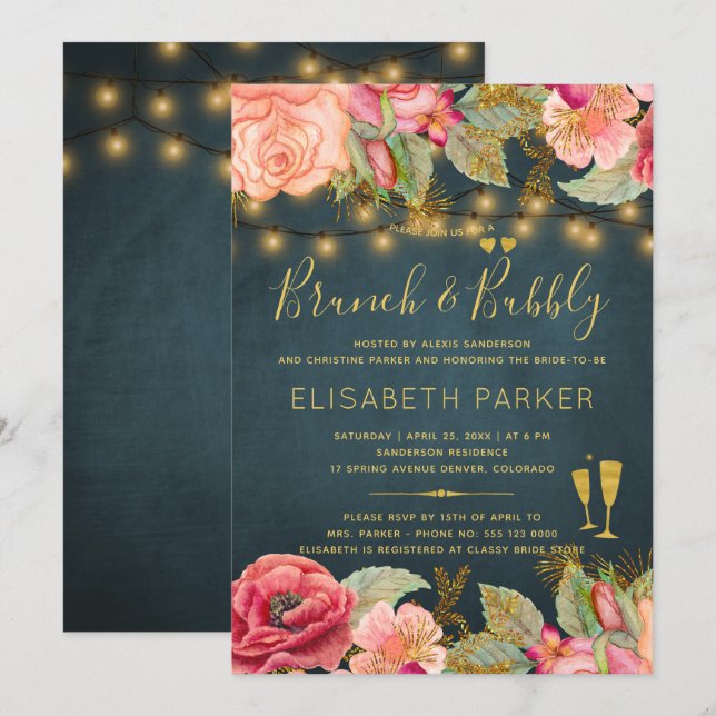 Pink gold watercolor roses navy brunch and bubbly invitation (Front/Back)