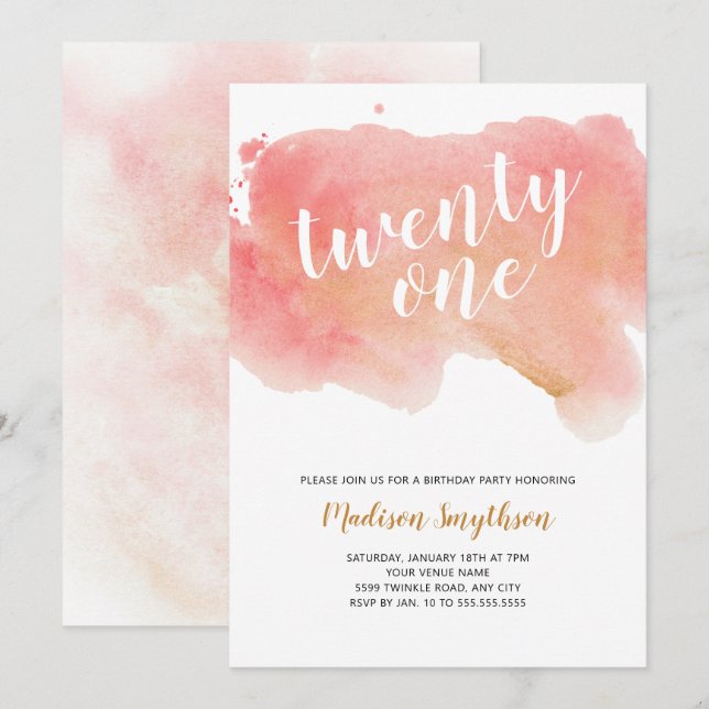 Pink Gold Watercolor twenty one Invitation (Front/Back)