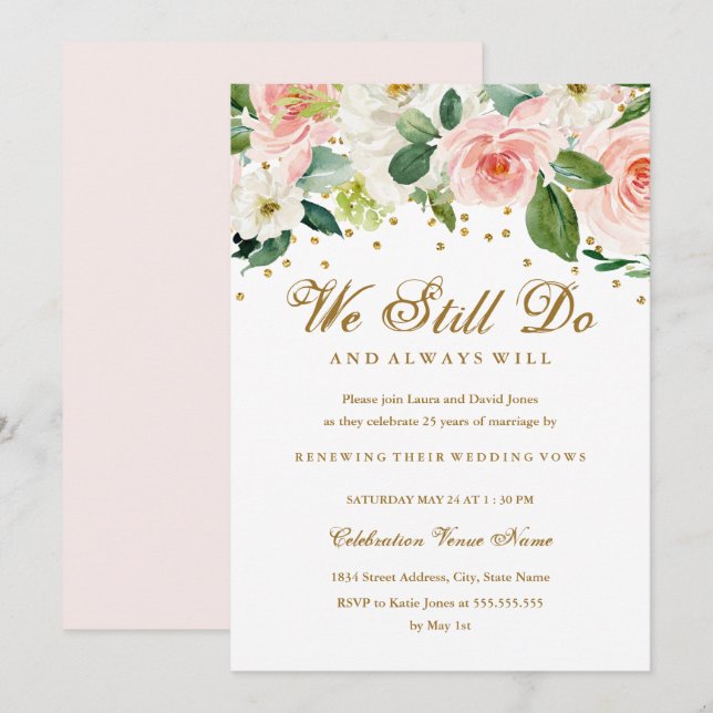 Pink Gold Watercolor Vow Renewal Anniversary Invitation (Front/Back)