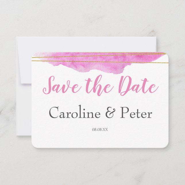 Pink & Gold Watercolour Save the Date Card (Front)
