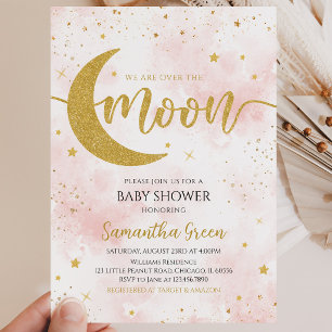 Pink Gold We are Over the Moon Baby Shower Invitation