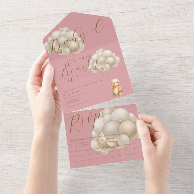 Pink Gold We Can Bearly Wait Baby Shower  All In One Invitation (Tearaway)