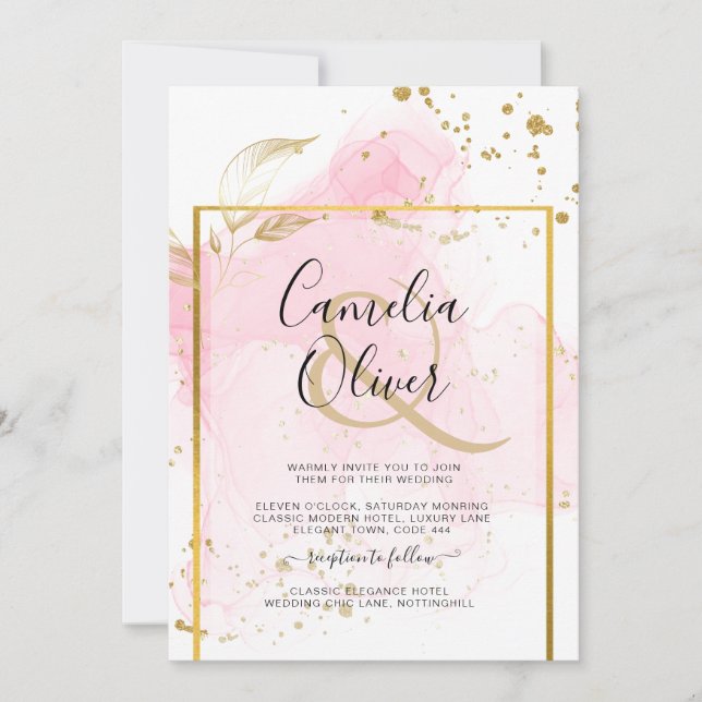 PINK GOLD WEDDING Alcohol Ink Abstract Invitation (Front)