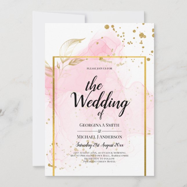 PINK GOLD WEDDING Alcohol Ink Abstract Invitation (Front)