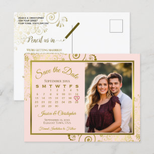Pink & Gold Wedding Save the Date Calendar Photo Announcement Postcard