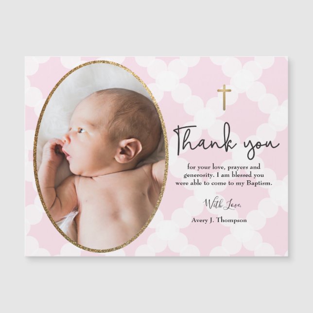 Pink gold white Baptism thank you baby photo (Front)