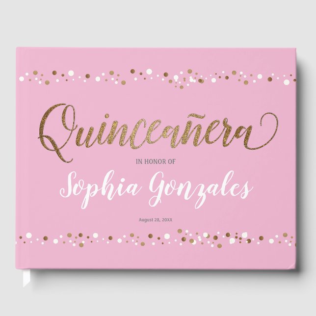 Pink Gold White Confetti Quinceanera 15th Birthday Guest Book (Front)