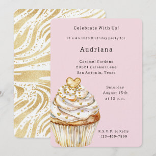 Pink Gold White Cream Heart Cupcake Birthday Invitation