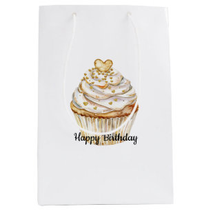 Pink Gold White Cream Heart Cupcake Birthday Medium Gift Bag