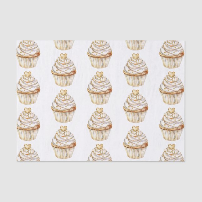 Pink Gold White Cream Heart Cupcake Birthday Tissue Paper (Front)