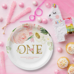 Pink gold white first 1st birthday cute floral  paper plate