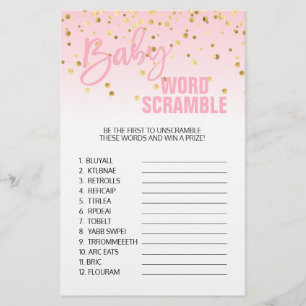 Pink Gold White Girl Baby Shower WORD SCRAMBLE Flyer