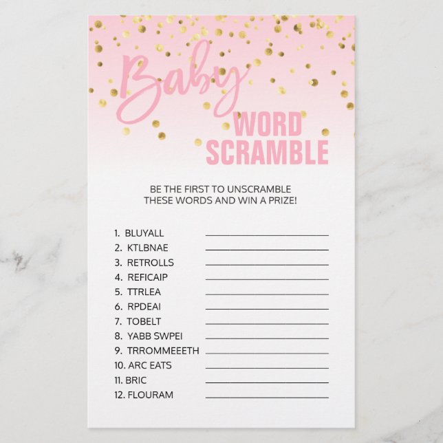 Pink Gold White Girl Baby Shower WORD SCRAMBLE Flyer (Front)