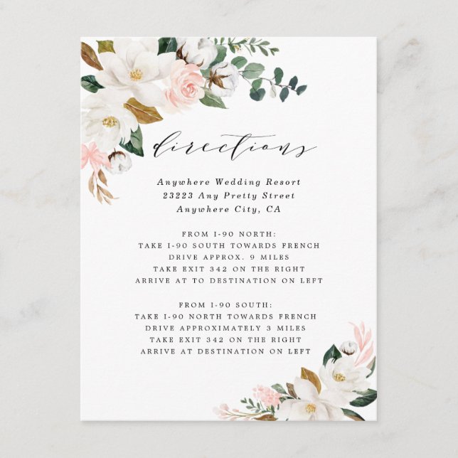 Pink Gold White Magnolia Floral Directions Wedding Enclosure Card (Front)
